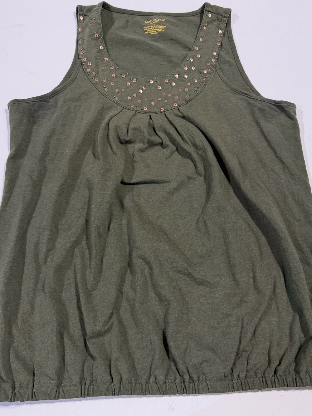 Northcrest Olive Tank Top with Rhinestone Scoop Neck